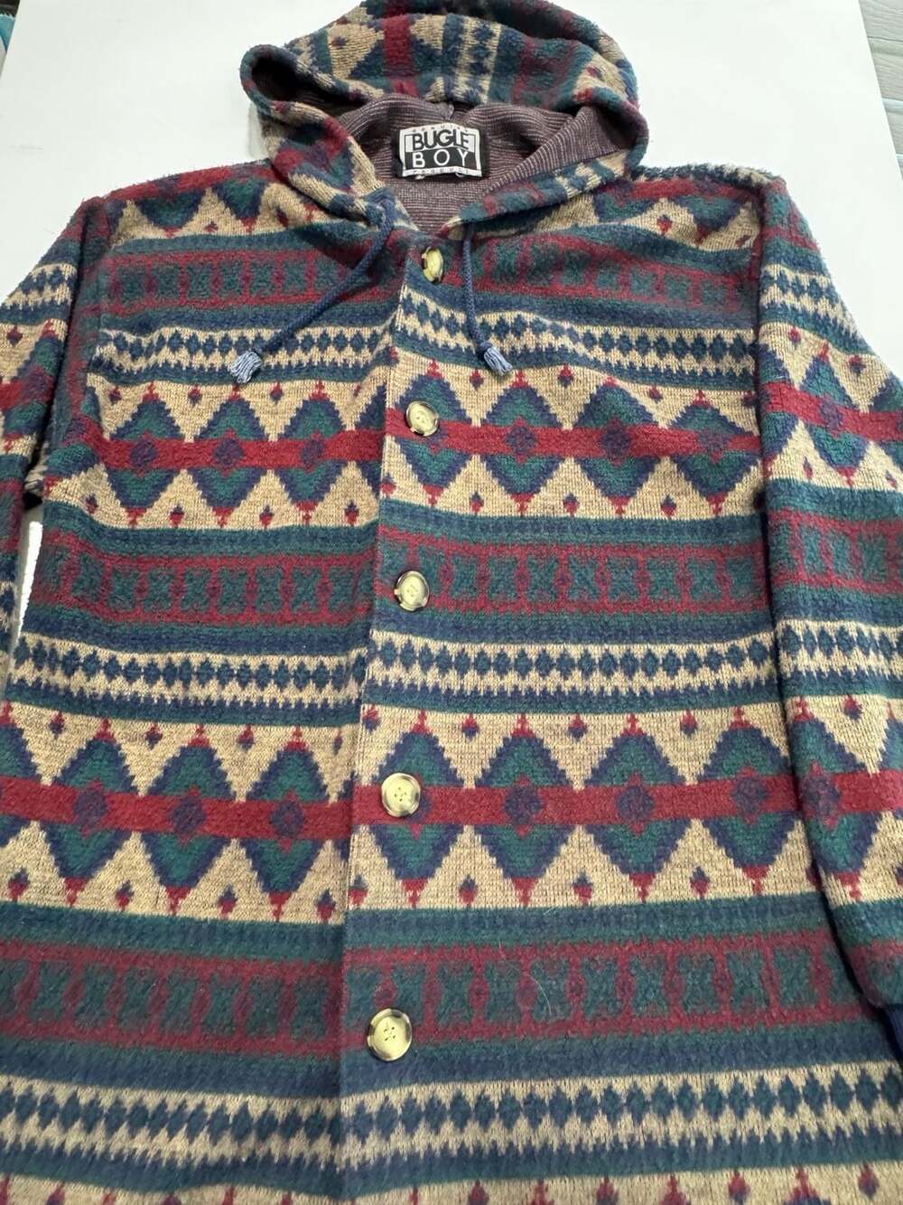 Vintage Bugle Boy Southwestern Aztec Knit Button Up Hooded Jacket